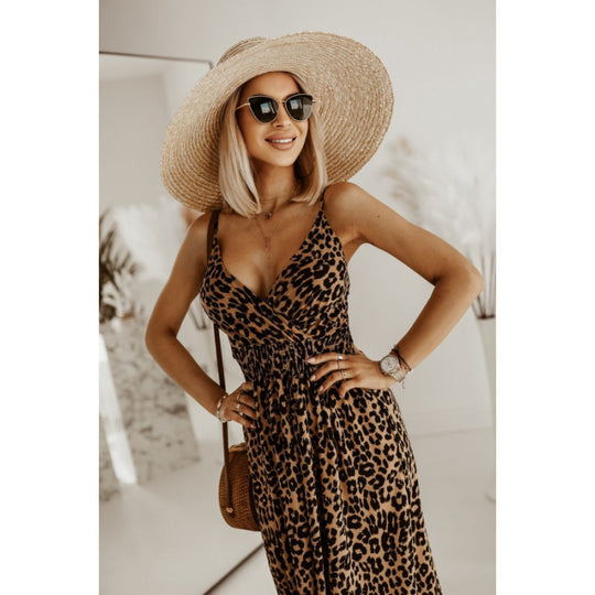 Damen Sleek Leopardenmuster Maxi Kleid EB