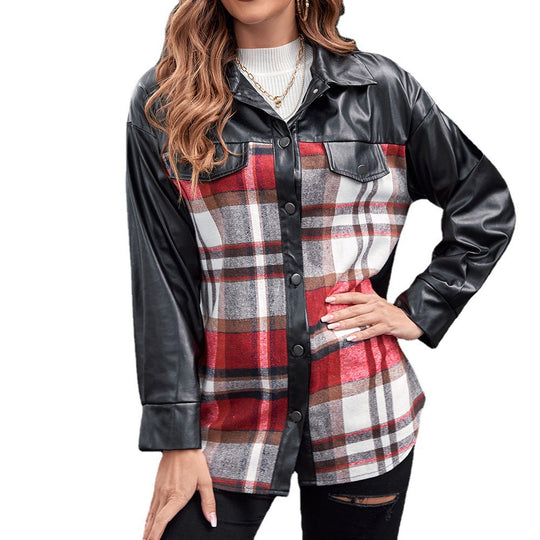 Damen Overshirt mit Kontrast Ärmeln und Karo-Muster EB