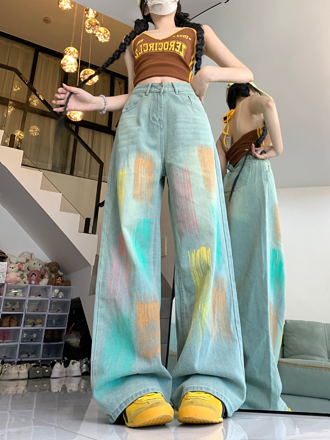 Damen Weit geschnittene Jeans mit modischem Farbspiel und hoher Taille EB