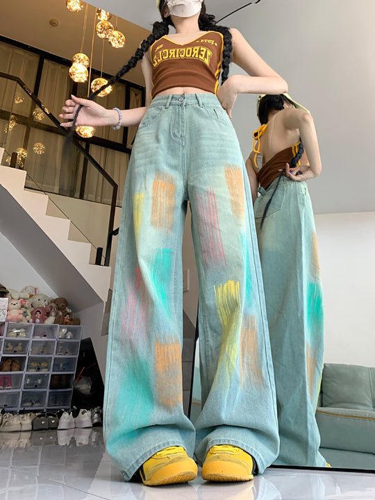 Damen Weit geschnittene Jeans mit modischem Farbspiel und hoher Taille EB