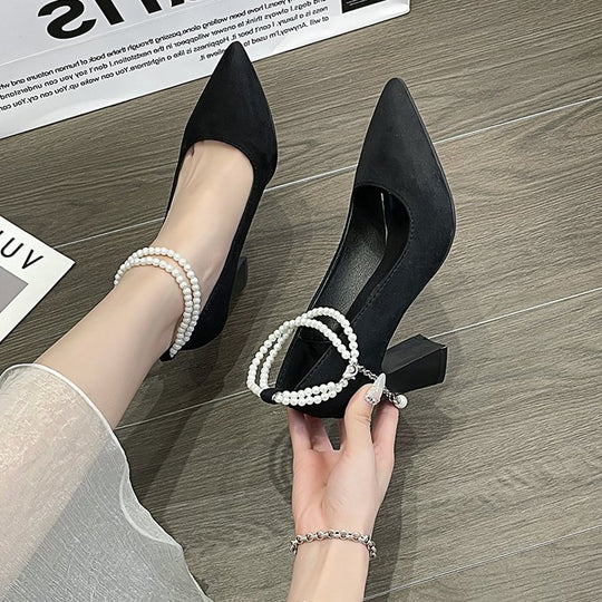Damen elegante Pumps mit perlverziertem Riemen und blockiertem Absatz EB