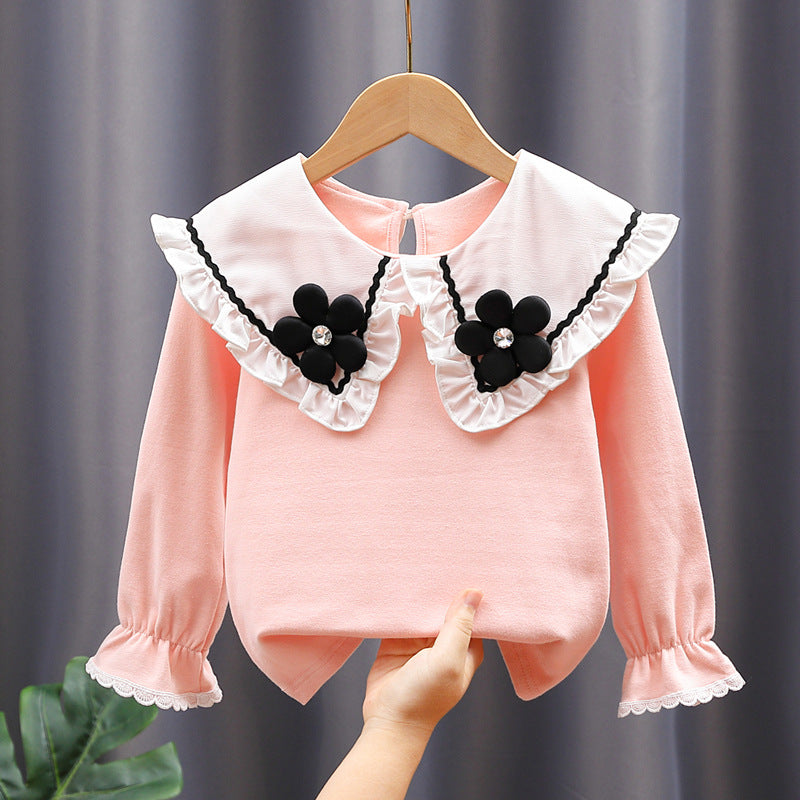 Damen Bluse mit großen Kragen und floralen Applikationen EB