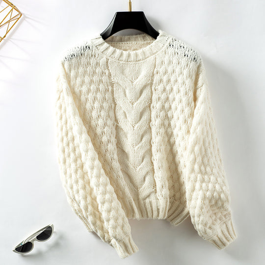 Damen gemütlicher Strickpullover mit strukturiertem Zopfmuster und lässigem Schnitt EB