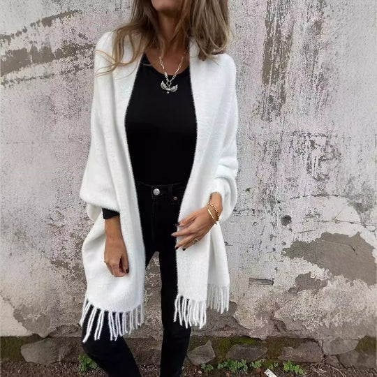 Damen Strickmantel mit Fransen EB