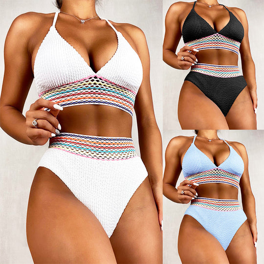Damen Bikiniset mit hochgeschnittenem Höschen und buntem Wellenmuster EB