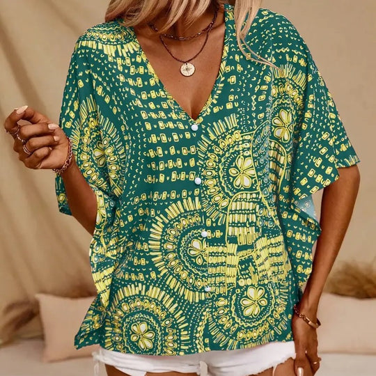 Damen Strandbluse im lässigen Boho-Stil mit bunten Mustern und voluminösen Ärmeln EB