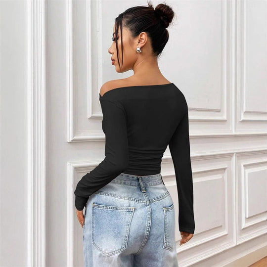 Damen Elegantes Off-Shoulder Langarmtop mit figurbetontem Schnitt EB