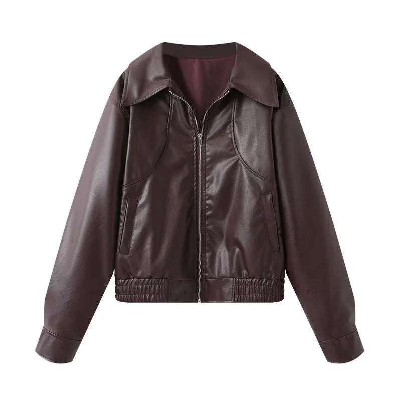 Damen modische Kunstlederjacke mit elegantem Revers und praktischen Taschen EB