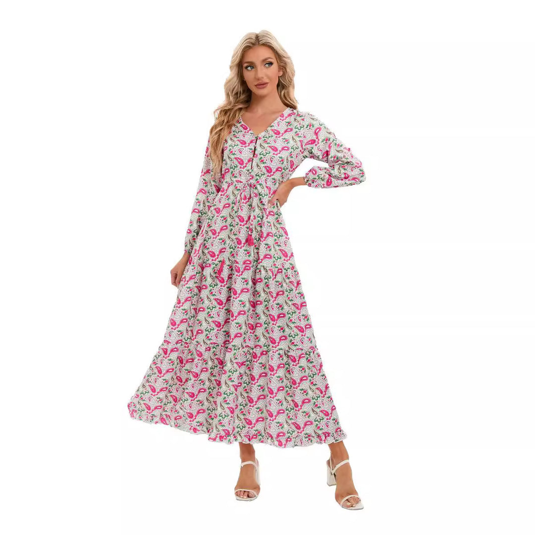 Damen Maxikleid mit gebundenem V-Ausschnitt und voluminösen Ärmeln EB