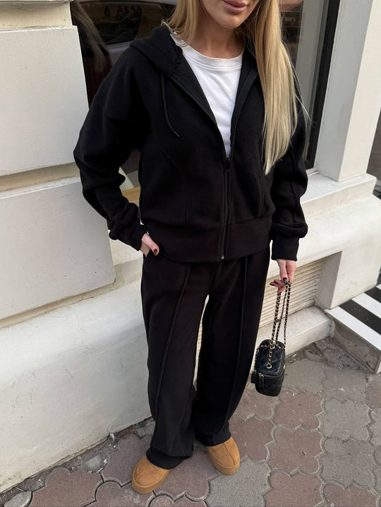 Damen Fleece-Lounge-Set mit kurzem Reißverschluss-Hoodie und taillenhoher Kordel-Jogginghose EB