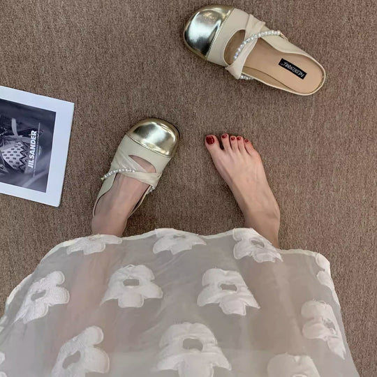 Damen Modische Ballerina-Pantoletten mit eleganter Perlenverzierung EB