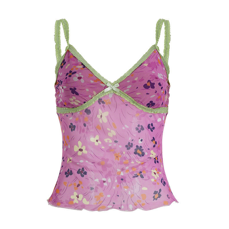 Damen gerafftes Spaghetti-Top mit floralem Muster und feinen Spitzenakzenten EB