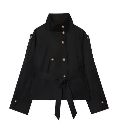Damen nan kurztaillierte Trenchjacke mit hohem Stehkragen, doppeltreihiger Knopfleiste und taillierbarem Bindegürtel EB