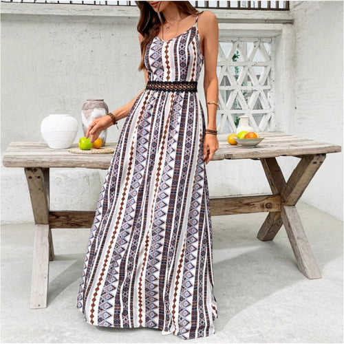 Damen Maxikleid mit bohemian Muster und raffiniertem elastischem Taillenband EB