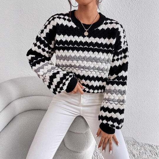Damen Strickpullover mit kreativem Lochmuster und modischen Farbakzenten EB