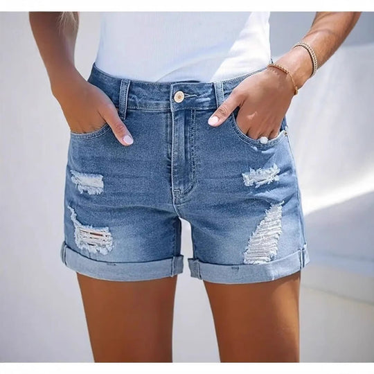 Damen kurze Destroyed Denim-Shorts im lässigen Look mit umgeschlagenen Säumen und stylischen Rissdetails EB