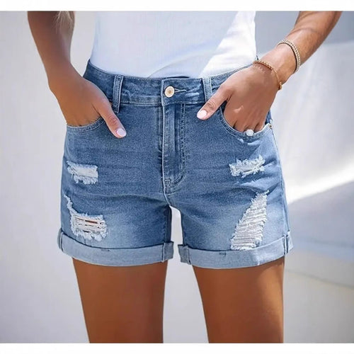 Damen kurze Destroyed Denim-Shorts im lässigen Look mit umgeschlagenen Säumen und stylischen Rissdetails EB