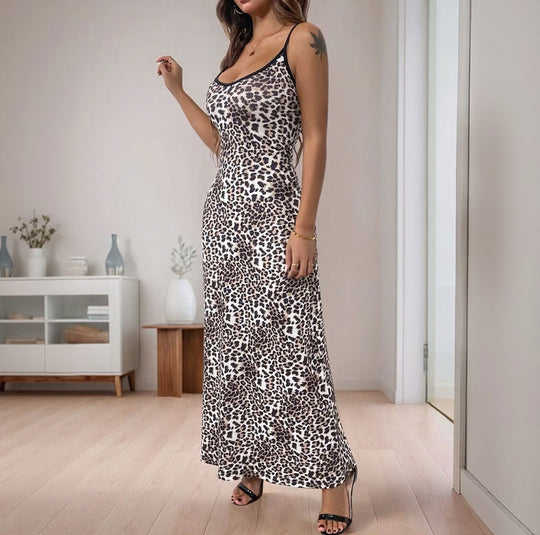 Damen Maxikleid mit zeitgemäßem Leopard-Print und verstellbaren Spagettiträgern EB