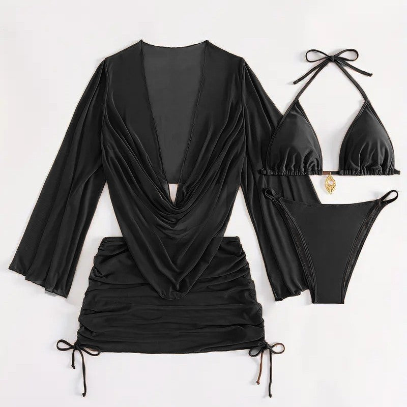 Damen Bikini-Set mit raffinierter Wickelbluse und halbtransparentem Rock EB