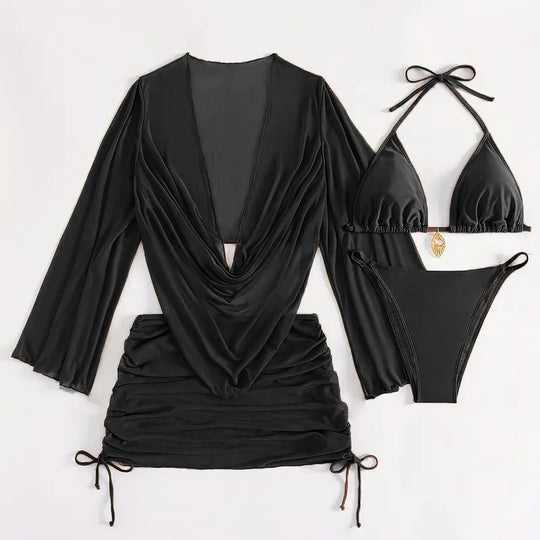 Damen Bikini-Set mit raffinierter Wickelbluse und halbtransparentem Rock EB