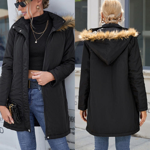Damen modische Übergangsjacke mit abnehmbarem Kunstfellkragen und praktischen Reißverschlusstaschen EB