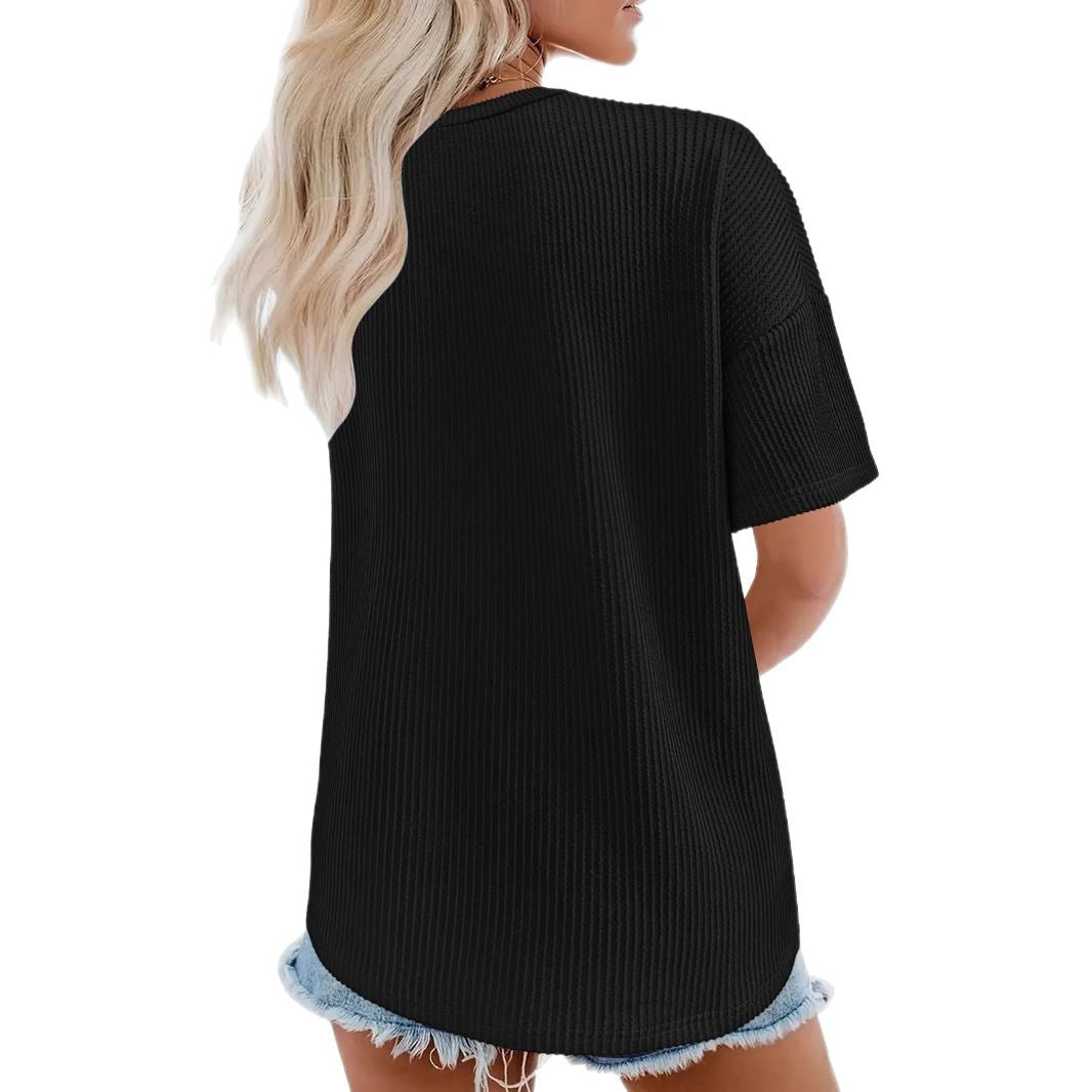 Damen V-Ausschnitt Oversized T-Shirt mit Brusttasche und Rippstruktur EB