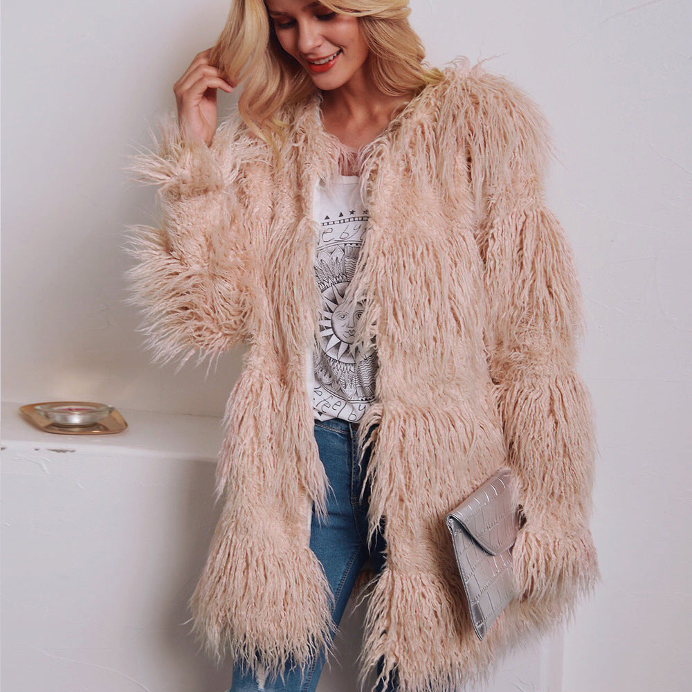 Damen Kuschelige Langhaarjacke mit strukturiertem Design EB