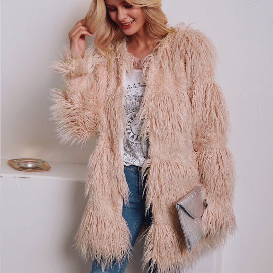 Damen Kuschelige Langhaarjacke mit strukturiertem Design EB