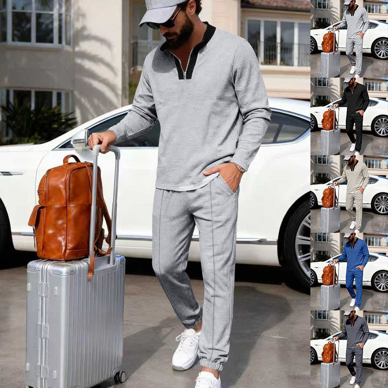 Herren Leichtes Henley-Loungewear-Set mit Kontrastkragen, Tunnelzug-Jogger und elastischen Bündchen EB