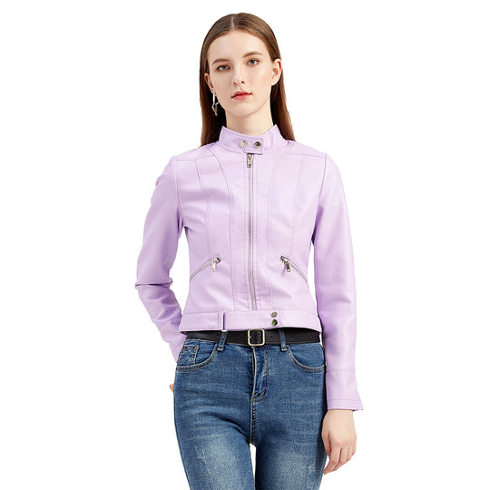 Damen nan kurze taillierte Kunstlederjacke im Racer-Stil mit Stehkragen und Reißverschlusstaschen EB