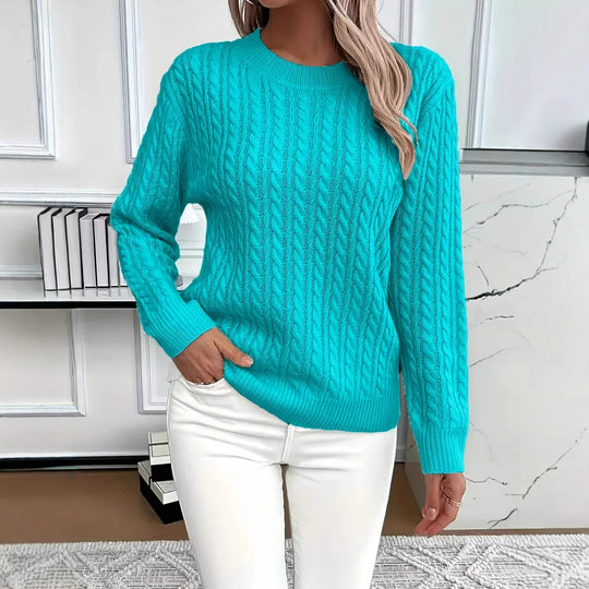 Damen nan Feinstrick-Zopfmuster Pullover mit Rundhalsausschnitt und tailliertem Schnitt EB