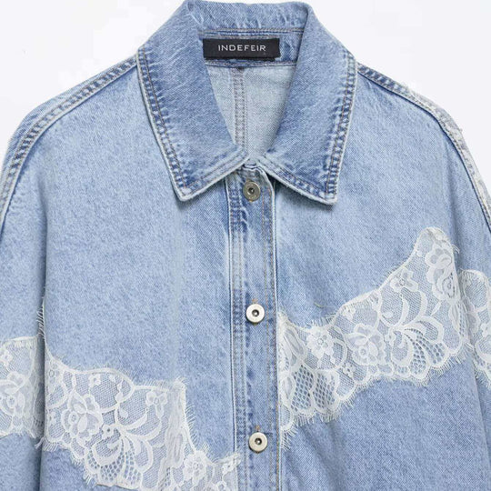 Damen nan oversized Denimjacke mit Spitzenbesatz, kastigem Cropped-Schnitt und überschnittenen Ärmeln EB
