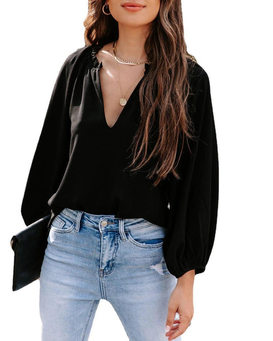 Damen Bluse mit legerem V-Ausschnitt und elegantem Puffärmel EB