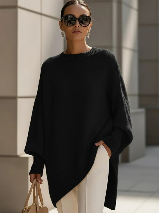 Damen nan Oversize Strickponcho mit asymmetrischem Saum und gerippten Ärmeln EB