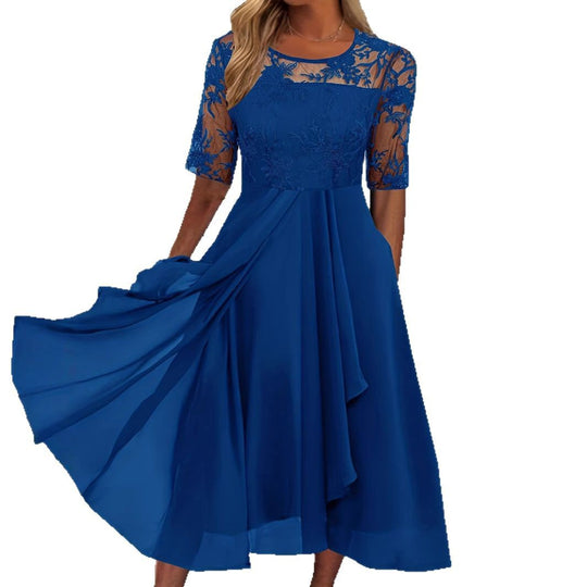 Damen Elegantes Midikleid mit Spitzenärmeln und schwingendem Rock EB