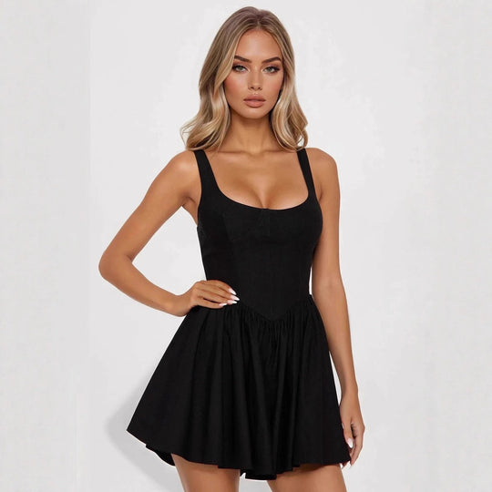 Damen Minikleid mit figurbetontem Oberteil und schwingendem Rock EB