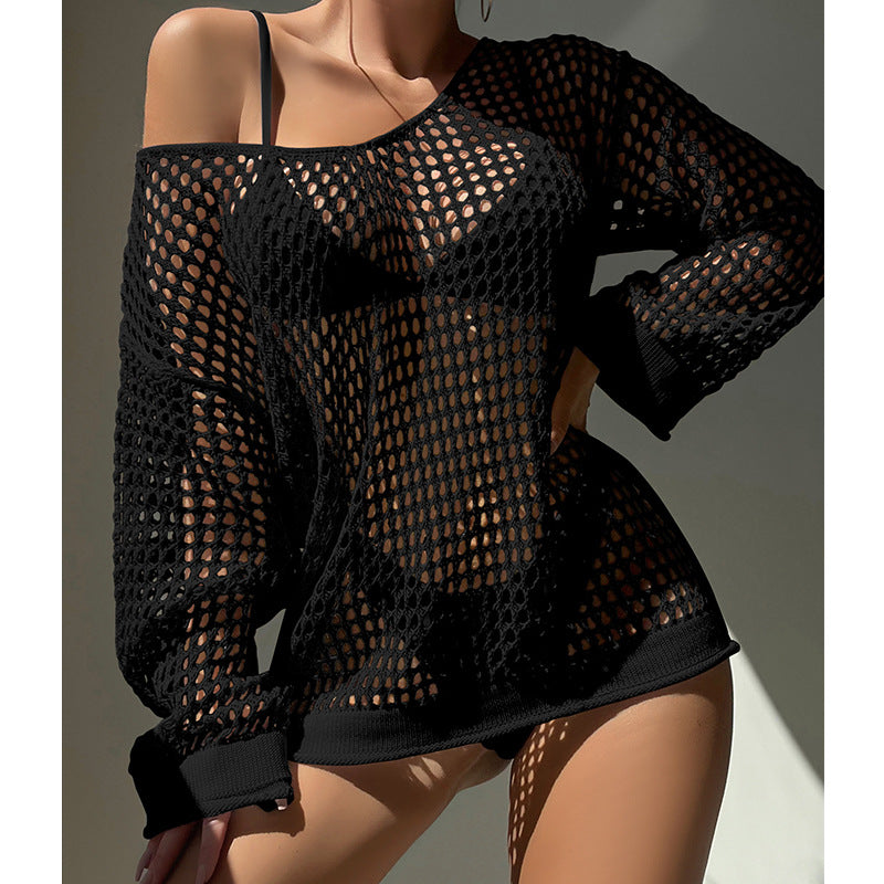 Damen luftiger Grobstrick Pullover mit weitem Schnitt und offenen Ärmeln EB