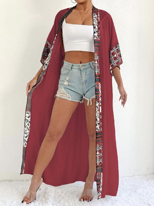 Damen eleganter, leichter Kaftan mit buntem Häkelbesatz EB