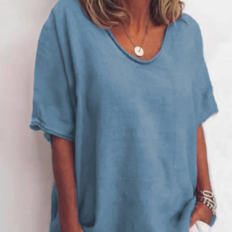 Damen nan weit geschnittenes Leinenmix-Relaxshirt mit Rundhalsausschnitt, überschnittenen Ärmeln und seitlichen Schlitzen EB