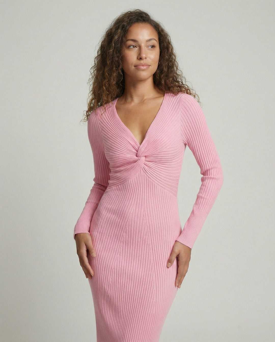 Damen figurbetontes langärmliges Strickkleid mit Knoten-Detail EB