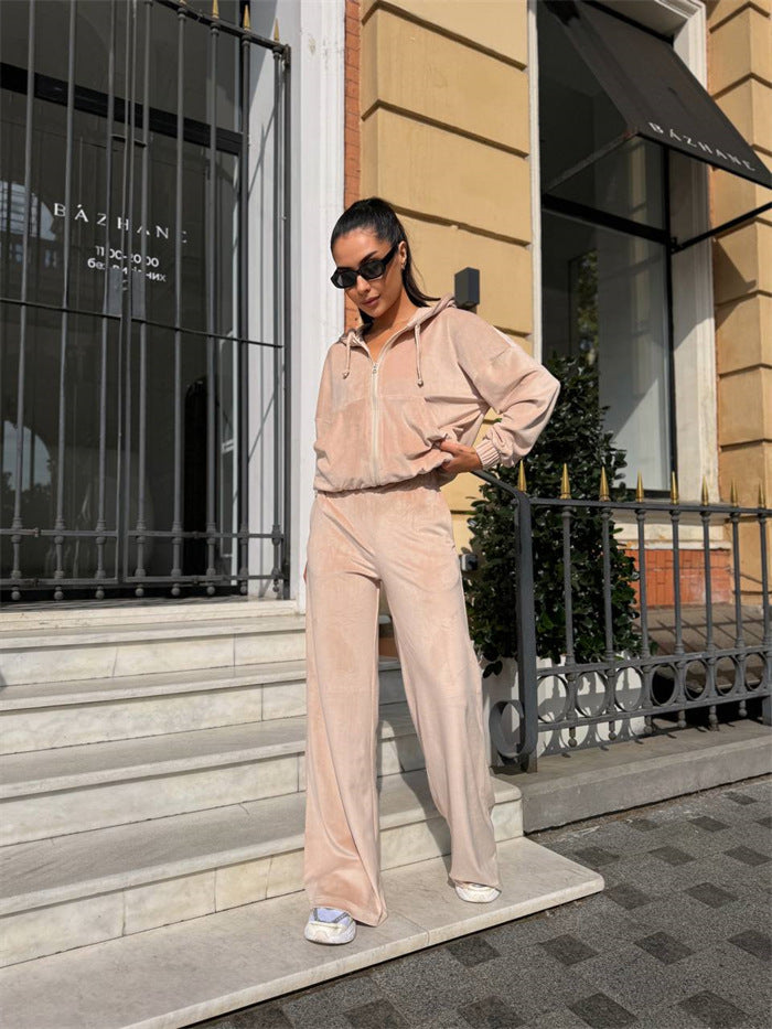 Damen Velours-Zip-Kapuzenjacke mit Marlene-Jogginghose Lounge-Set EB