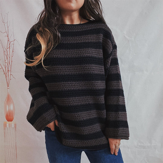 Damen lässiger Strickpullover mit kontrastierenden Streifen und weitem Schnitt EB
