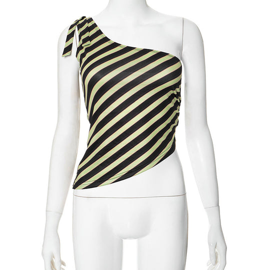 Damen asymmetrisches Trägershirt mit modischem Streifenmuster und eleganter Raffinierung EB