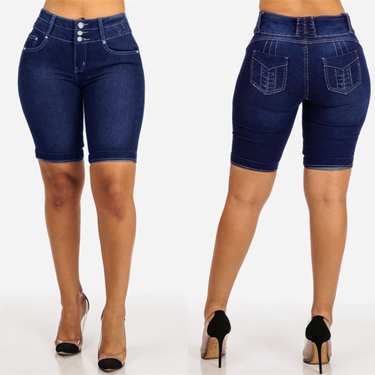 Damen Jeansbermuda mit hohem Bund und Knopfdetail EB