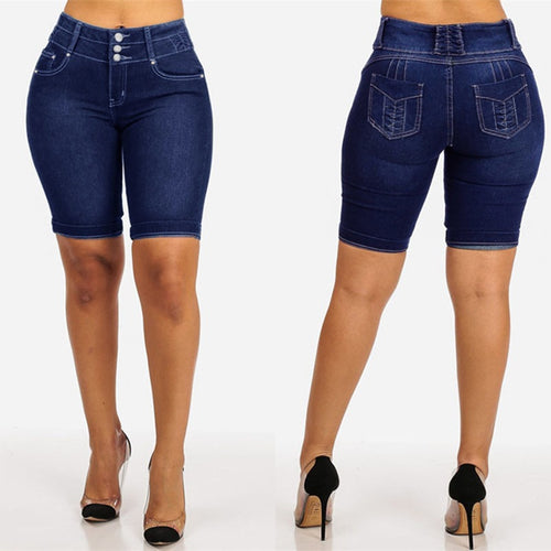 Damen Jeansbermuda mit hohem Bund und Knopfdetail EB