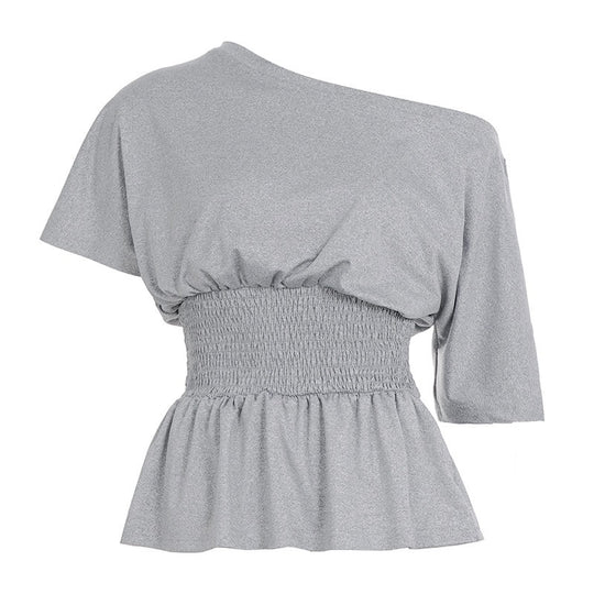 Damen asymmetrisches Oberteil mit großzügigem Rüschensaum und Gummizug EB