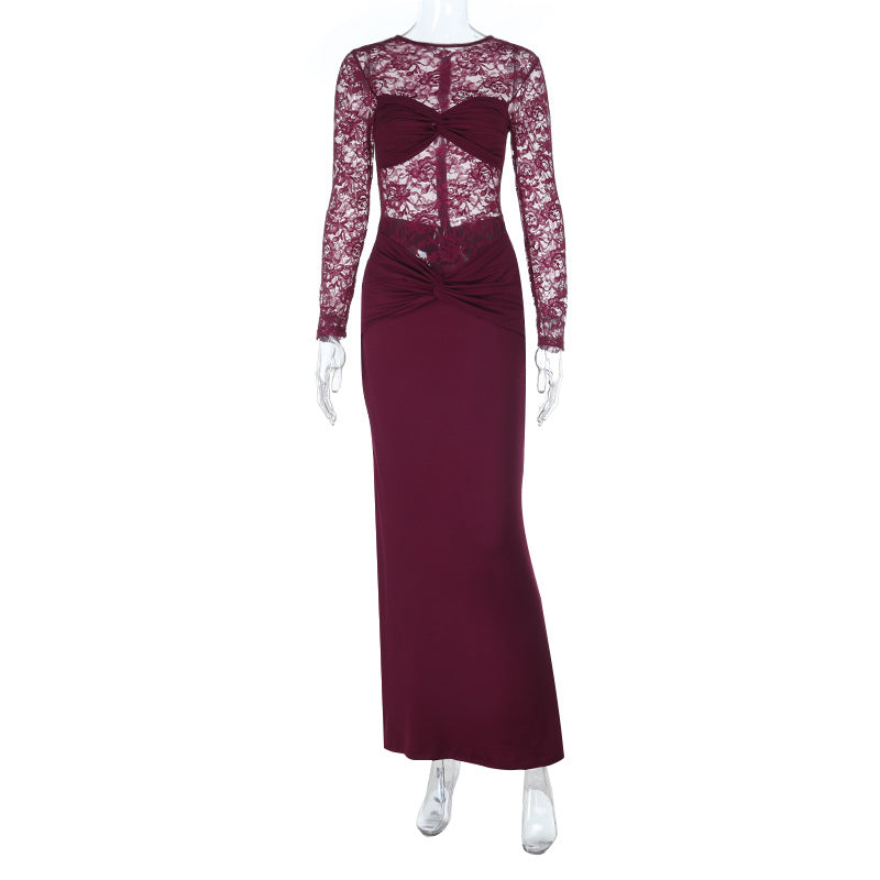Damen Elegantes Langarm-Spitzenkleid mit tailliertem Design EB