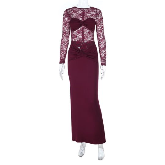 Damen Elegantes Langarm-Spitzenkleid mit tailliertem Design EB