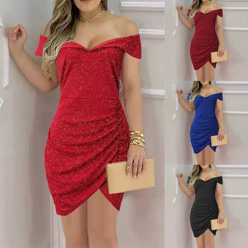 Damen schickes Wickelkleid mit Off-Shoulder Design und Raffungen EB