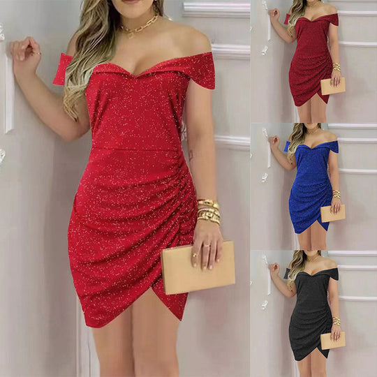 Damen schickes Wickelkleid mit Off-Shoulder Design und Raffungen EB